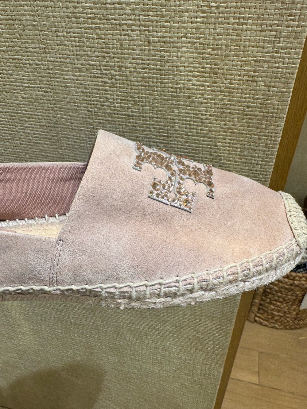 Tory Burch Everly Embellished Suede Leather Flat Crystal Espadrille Shoes - Picture 4 of 5